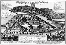 Gravure du XVIIe siècle représentant une abbaye en vue cavalière.