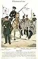 Soldats du contingent de Lübeck : chasseur à pied et cavalier de la Légion, tireurs d'élite, artilleur et fantassin de la garde civique. Gravure de Richard Knötel, 1890.