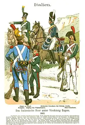 Des fantassins au premier plan et deux cavaliers derrière eux.