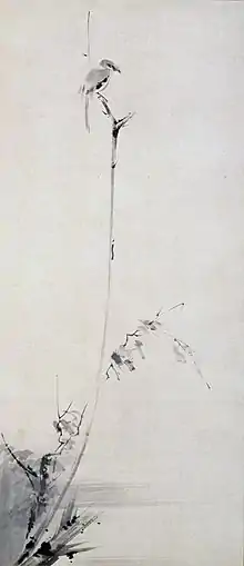 Pie-grièche juchée sur une branche sèche, encre sur papier, signée (nom d'artiste) Niten. 54&nbsp;×&nbsp;125, Musée des Beaux-Arts Kubosō.