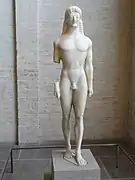Kouros du cimetière de Ténéa, v. 550. Marbre de Paros, mais atelier local H. 1,53&nbsp;m. Trouvé ≃ Corinthe. Glyptothèque de Munich