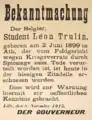 L'avis d'exécution de Léon Trulin. La date de naissance, erronée, est sans doute basée sur celle que Trulin a fait inscrire sur sa carte d'identité afin de se rajeunir.