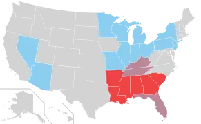 Implantations de White Castle aux États-Unis en 2008 (en bleu et en mauve). Les implantations de Krystal&nbsp;(en) sont en rouge et en mauve.