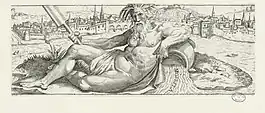Gravure rectangulaire au format paysage représentant un homme allongé devant Pont-à-Mousson à côté de la rivière de la Moselle