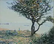 Deux jeunes femmes contemplent la mer qui s'étend, à côté d'un arbre, au bord d'une falaise. Au loin, se trouve un ponton et des voiliers.