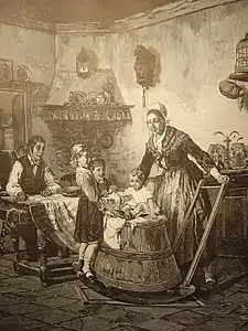 Usage ludique d'une baratte à bascule. Gravure de Corneille Petit, XIXe siècle.