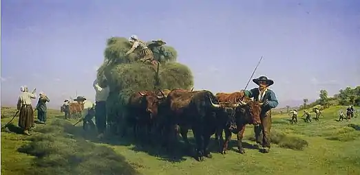 La Fenaison en AuvergneRosa Bonheur, 1855.Fauche et fanage à droite, andainage au rateau à gauche, chargement pour le transport au centre.