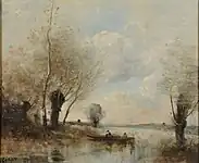 Dans un paysage où prédomine un cours d'eau entouré de saules, deux pêcheurs se trouvent sur une barque.