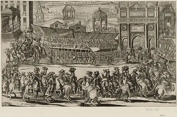 La porte Saint-Antoine (à l'extrême droite) lors de l'entrée de Louis XIV en 1660.