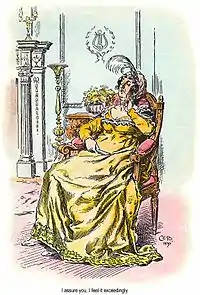 assise dans son fauteuil, une grande dame pérore d'un ton suffisant