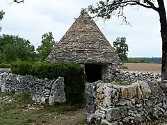 Couverture de lauses sur l'extrados de la voûte encorbellée d'une cabane (Lalbenque (Lot).