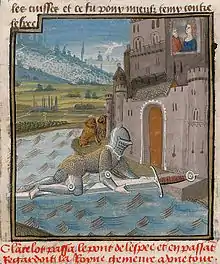 Enluminure du XVe siècle où est montré un chevalier marchant à quatre patte sur une épée géante qui sert de pont pour atteindre un château