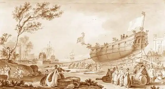 La corvette Aurore lors de son lancement en 1767. Nicolas Ozanne contribue à en dresser les plans et navigue avec elle dans la Manche.