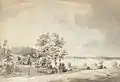 Paysage avec des maisons près d'un lac à Kråknäs (1792)