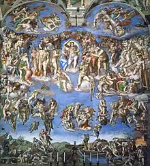 Image d'une fresque avec d'innombrables personnages, parfois nus  et contorsionnés qui semblent emportés dans un gigantesque mouvement d'ellipse.