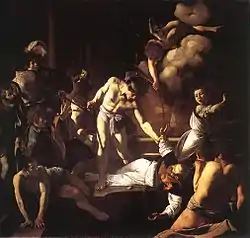 Peinture représentant un vieillard couché, sur lequel un jeune homme s'apprête à abattre une épée.