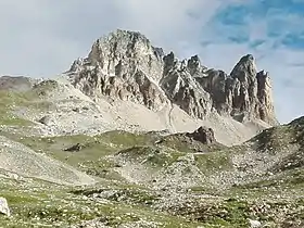 Vue du Cheval Blanc et de la dent de Bissorte (3 016 m) depuis le vallon du Peyron.