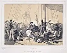 Droit de visite, dessin de François-Auguste Biard, gravé par Alexis Perrassin en 1846 (Musée d'Aquitaine, Bordeaux).