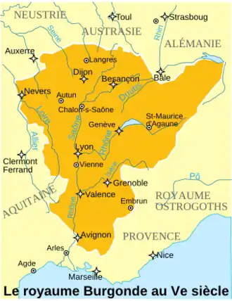 Le royaume Burgonde et la Provence au sein du Royaume ostrogoth au Ve&nbsp;siècle.