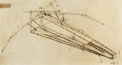 Dessin en noir et blanc représentant une machine comportant une structure pour le pilote allongé et surmonté de profils articulés pour les ailes.