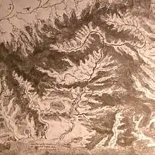 Carte relevant des cours d'eau au milieu de reliefs.