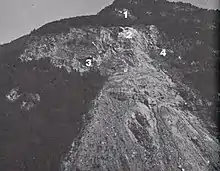 La Roche Pourrie : 1 - éboulement de 1937 2 - éboulement de 1977 3 et 4 écailles jugées dangereuses par le BRGM