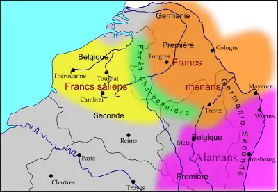 Territoire détenu par les Alamans en Gaule romaine en 480 (en fuchsia).
