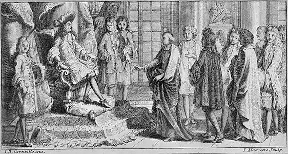 Les membres de l'Académie française venant offrir au roi Louis XIV le Dictionnaire de l'Académie (1694), gravure de Jean Mariette d'après un dessin de Corneille.