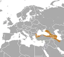 Carte d'Eurasie avec une zone colorée allongée de part et d'autre de la Mer noire