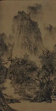 Un temple solitaire parmi les pics clairs. Li Cheng vers 960. Encre sur soie. 111&nbsp;×&nbsp;56&nbsp;cm. Musée d'art Nelson-Atkins, Kansas City.