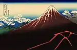 Trente-six vues du mont Fuji, planche no&nbsp;3 : Orage au pied du mont Fuji (Sanka haku-u).