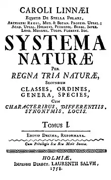Première page du Systema naturæ (1758).