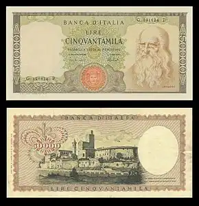 Le billet de 50&nbsp;000&nbsp;lires.