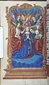 Dans un cadre doré, la Vierge couronnée par le Christ à gauche et Dieu le père à droite, entourés d'anges.