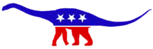 Logo aux couleurs du parti démocrate en forme de diplodocus (au lieu d'âne).