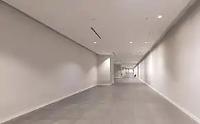 Long couloir et forte impression de perspective avec murs et plafond nus, avec quelqu'un assis par terre, seul au loin, à la station MRT Marina Bay, métro de Singapour. Juin 2018.
