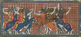 Miniature du XIVe siècle représentant deux troupes de chevaliers en armure s'affrontant, dont l'un est équipé et harnaché aux armes de France et l'autre aux armes de Normandie.