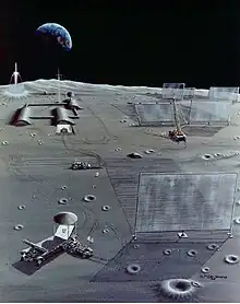 Emetteurs micro ondes sur la lune, grue robotique, rover télécommandé.Illustration Nasa