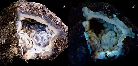 Lussatite - Vue (7x7cm)- Mine des Rois, Puy-de-Dôme, Auvergne, France - A:Lumière du jour B: Ultraviolet
