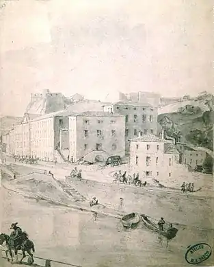 La caserne de Serin et le fort St-Jean,Balthazar Jean Baron, 1840-1850Arbres abattus, portique et mur démolis laissent voir le perron de l'hôtel de la Butte contigu au Grenier d’abondance. Contemporain de A. Comarmond.