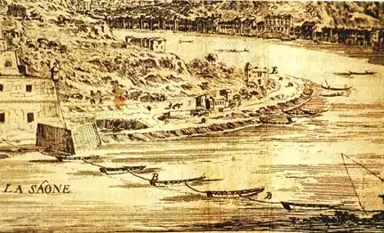 « La Veue de Lion descendat par la Saosne »(« La vue de Lyon descendant par la Saône »)(1649-1650), Israël SylvestreVue vers l'aval. Contre le bord gauche, le fort Saint-Jean et sur la Saône la chaîne de Sainte-Marie-aux-chaînes. En arrière-plan, quai Pierre Scise et toutes ses maisons au ras de l'eau.