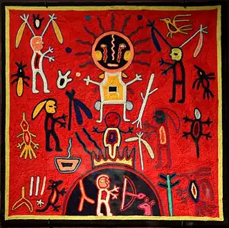 Tableau de laine nierika : La naissance du soleil. Bois, cire, laine, H. 60 cm. Indiens Huichol
