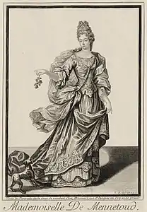 Mlle de Mennetoud, en pied (1695), estampe d'après Robert Bonnart, Paris, BnF.