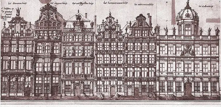 La Maison de la Brouette (deuxième à droite) et ses voisines.Dessin de Ferdinand-Joseph Derons (1727).