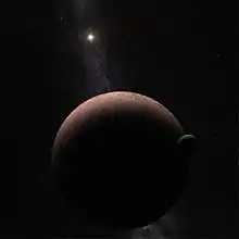 Représentation de Makémaké majoritairement dans l'ombre, le Soleil étant visible au loin et MK 2 sur la droite au premier plan.