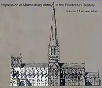 L’abbaye telle qu’au XIVe&nbsp;siècle. Seule la partie mise en évidence subsiste, après l’effondrement de la flèche et de la tour ouest