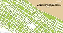 Carrières souterraines de la Malogne (Cuesmes). Extrait d'un plan montrant la méthode d'exploitation par chambres et piliers abandonnés (vers 1910).