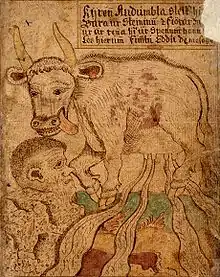 Audhumla léchant Buri Manuscrit islandais du XVIIIe siècle.