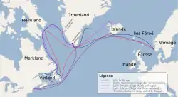 Carte des possibles différentes routes de navigation maritime au Groenland, Vinland (Terre-Neuve), Helluland (l'île de Baffin) et Markland (Labrador) parcourus par les personnages des sagas islandaises, principalement Saga d'Erik le Rouge et Saga des Groenlandais.