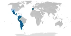 Carte du monde hispanophone ; la langue espagnole couvre 20 pays, et le pays hispanophone le plus peuplé est le Mexique, et non l'Espagne ;